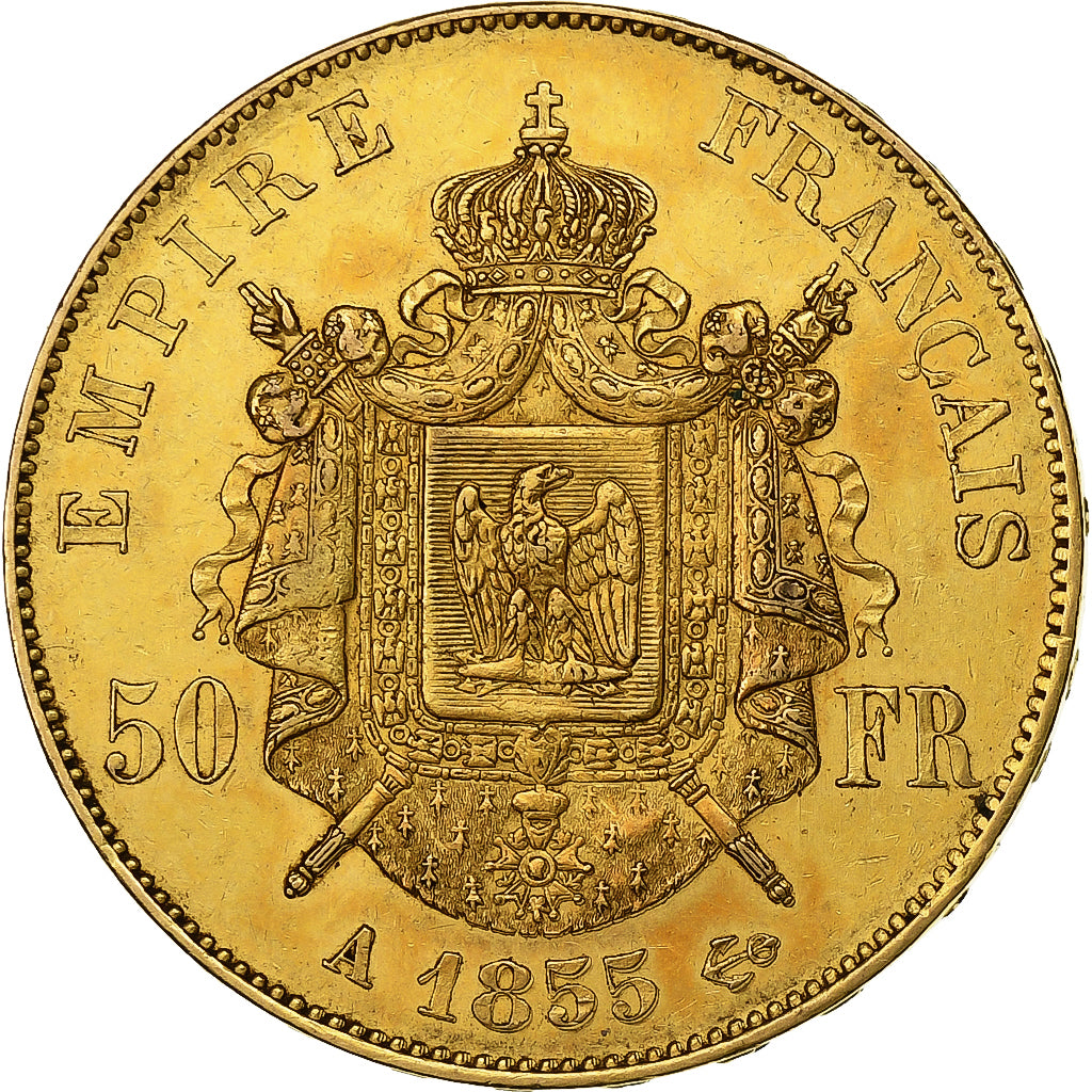 Francia, Napoleon III, 50 Francs, 1855, Paris, Oro, BB+, KM:785.1