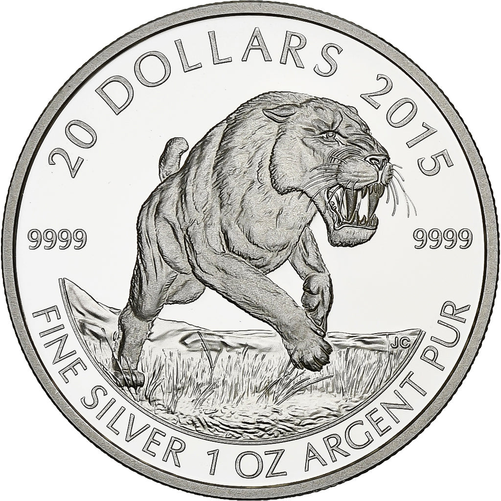 Canadá, 20 Dollars, Le Chat des cavernes, 2015, Ottawa, 1 Oz, Proof, Prata