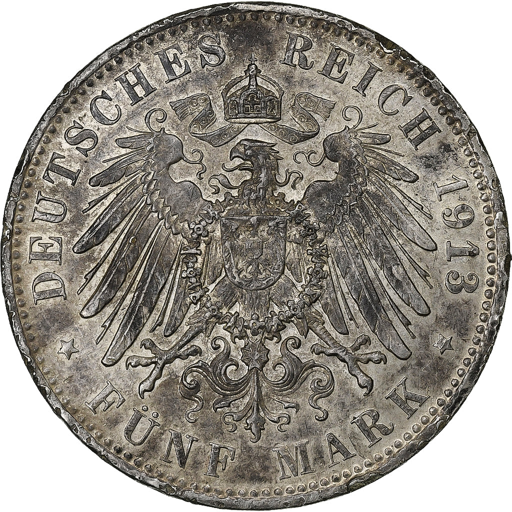 Landy niemieckie, BAVARIA, Otto, 5 Mark, 1913, Munich, Srebro, AU(50-53), KM:915