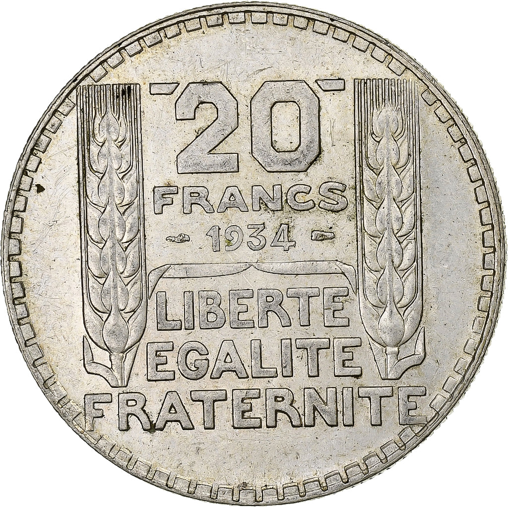 Frankrijk, 20 Francs, Turin, 1934, Paris, Zilver, PR, Gadoury:852, KM:879