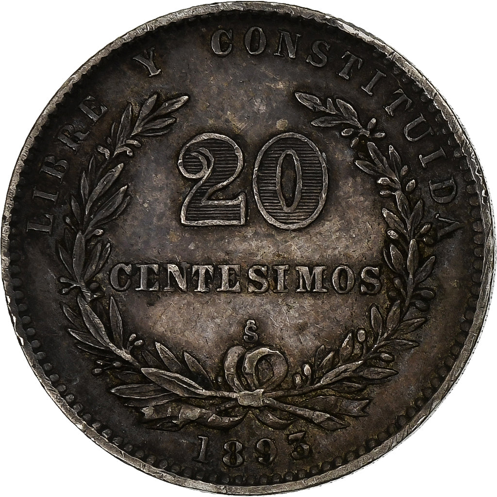 Moeda, Uruguai, 20 Centesimos, 1893, Uruguay Mint, Santiago, EF(40-45), Prata