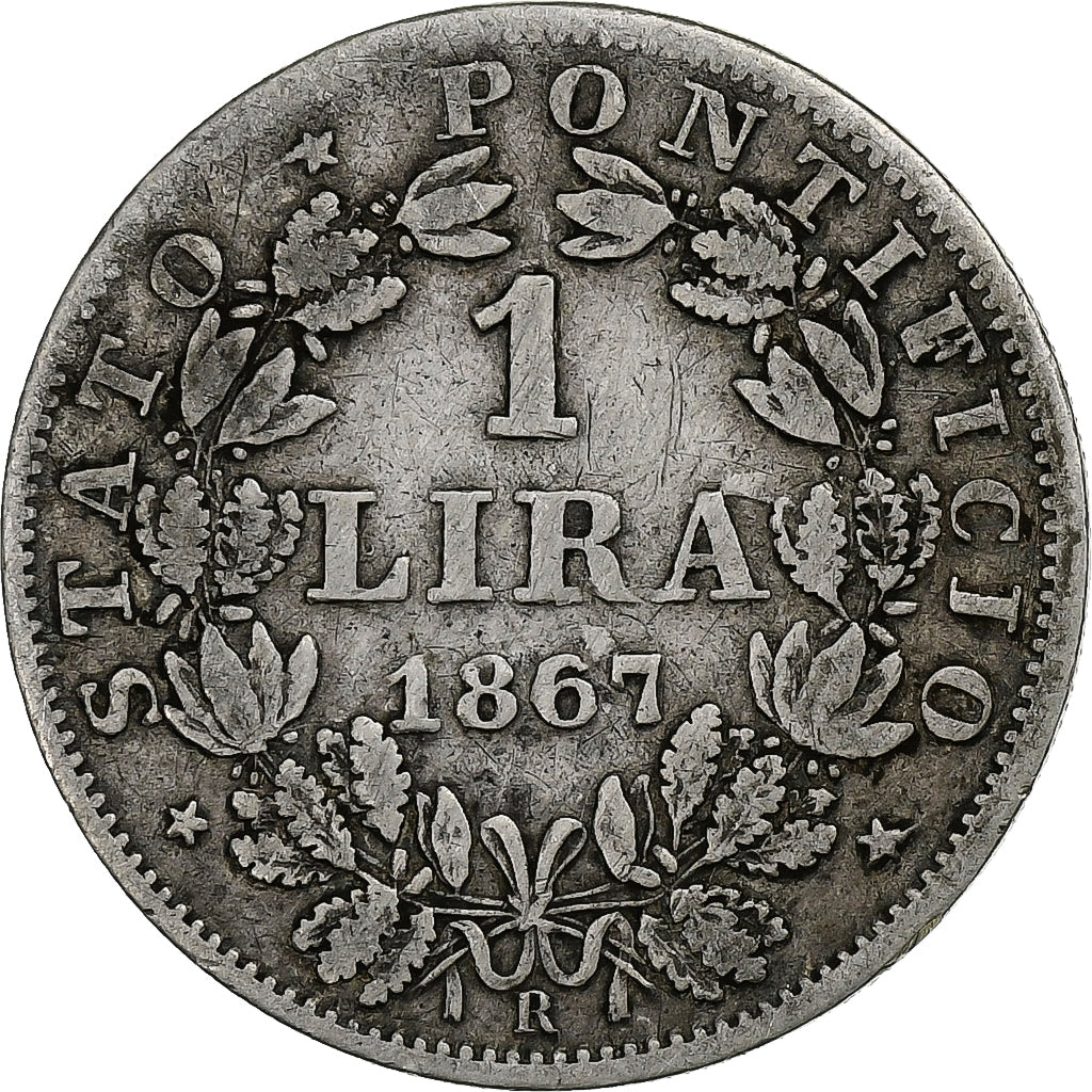 ITALIAN STATES, 1 Lira, 1867, Roma, KM #1378, VF(30-35), Silver, 4.90