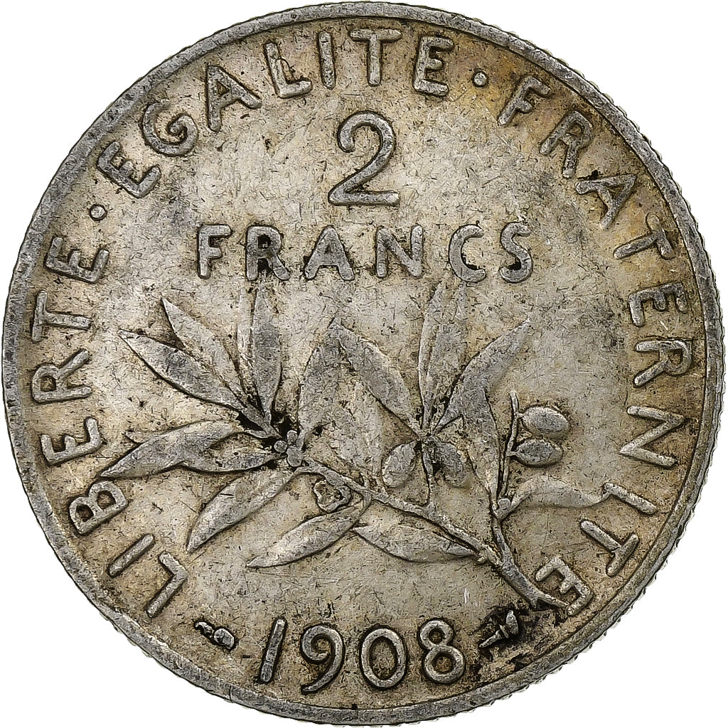Francia, Semeuse, 2 Francs, 1908, Paris, MB, Argento, KM:845.1