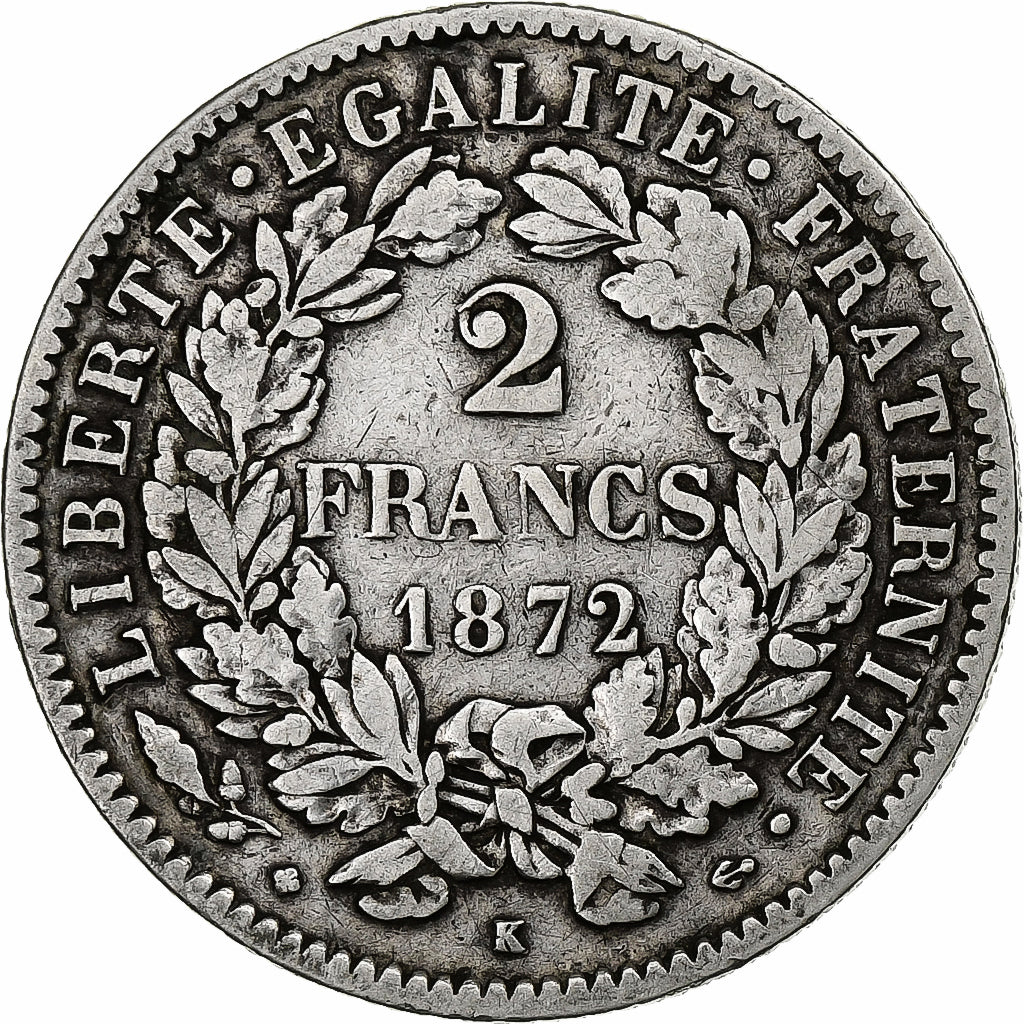 Coin, France, Cérès, 2 Francs, 1872, Bordeaux, VF(30-35), Silver, KM:817.2