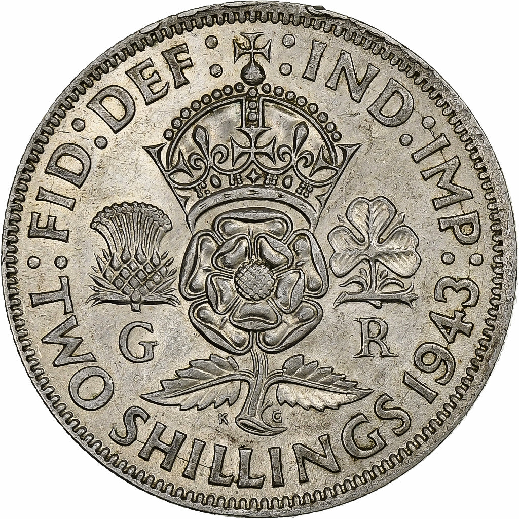 GREAT BRITAIN, Florin, Two Shillings, 1943, KM #855, AU(55-58), Silver, 28.3,...