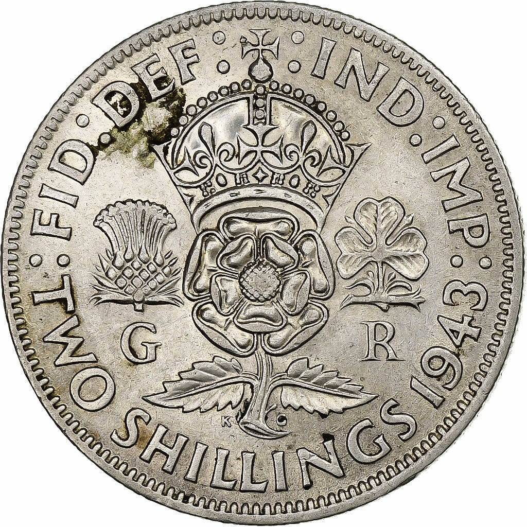 GREAT BRITAIN, Florin, Two Shillings, 1943, KM #855, AU(55-58), Silver, 28.3,...
