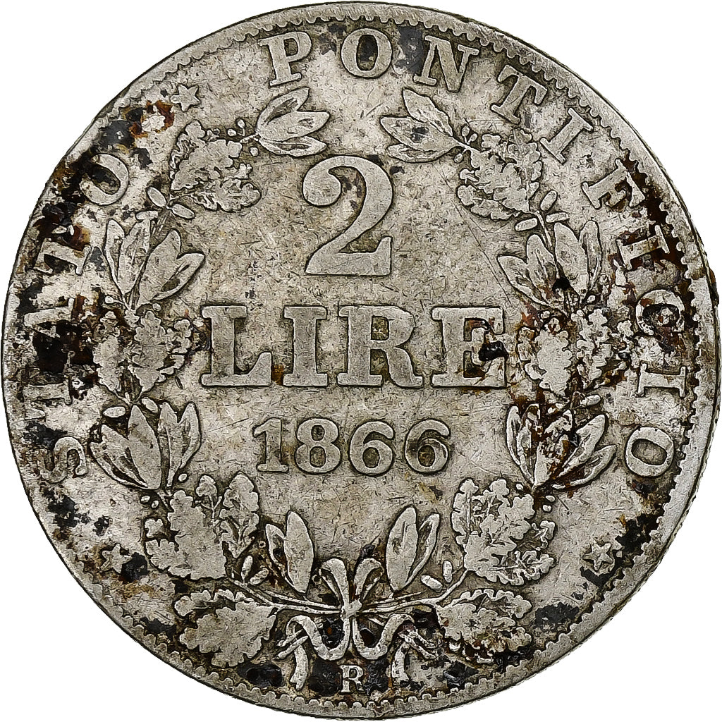 Coin, ITALIAN STATES, PAPAL STATES, Pius IX, 2 Lire, 1866, Rome, F(12-15)