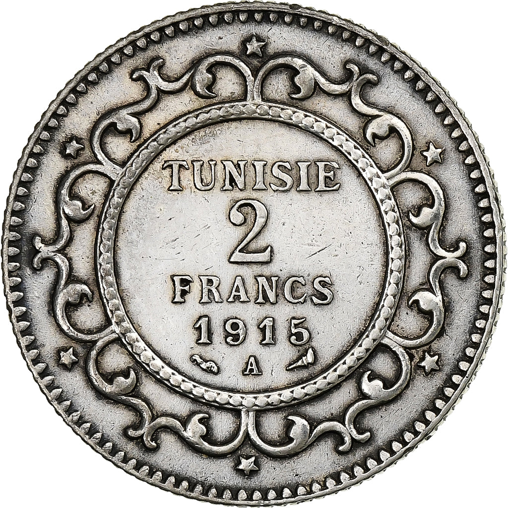 Coin, Tunisia, Muhammad al-Nasir Bey, 2 Francs, 1915, Paris, AU(50-53), Silver