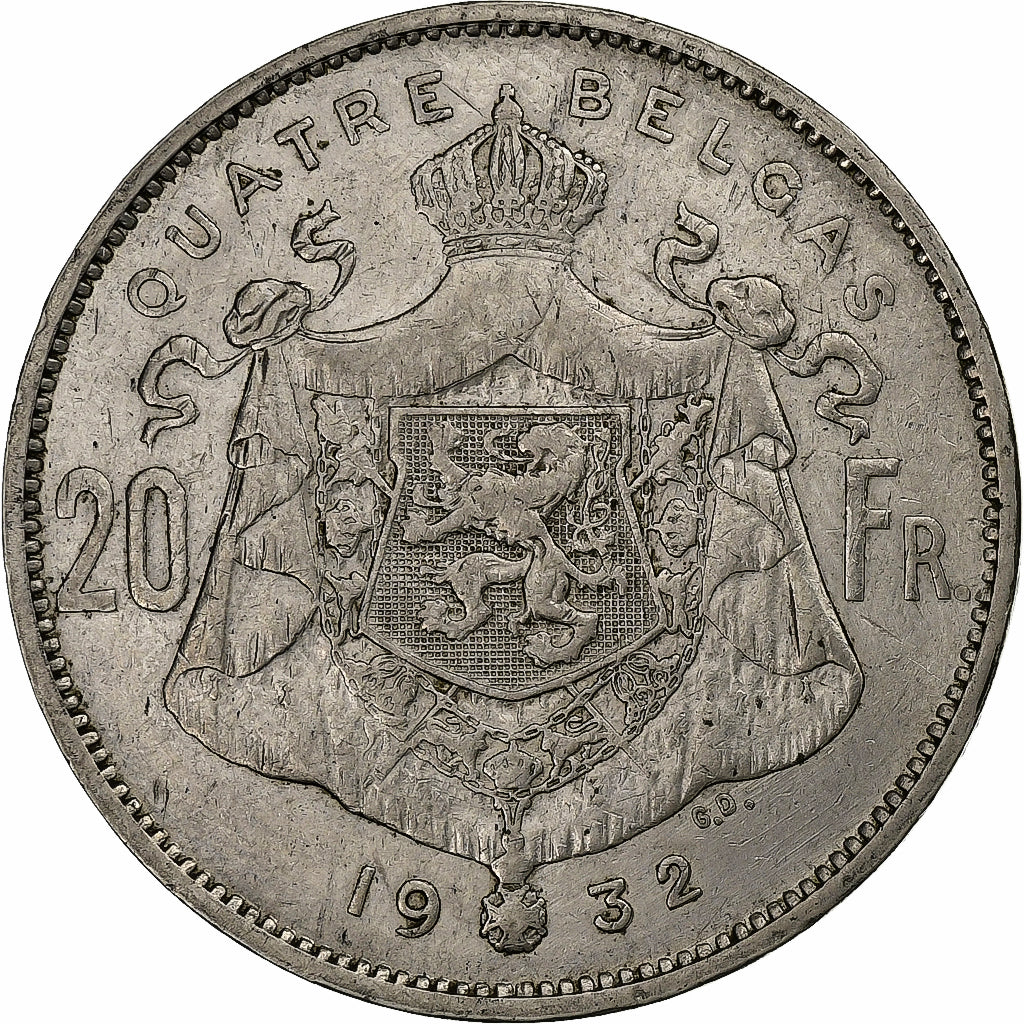Bélgica, 20 Francs, 20 Frank, 1932, Royal Belgium Mint, Níquel, MBC, KM:102