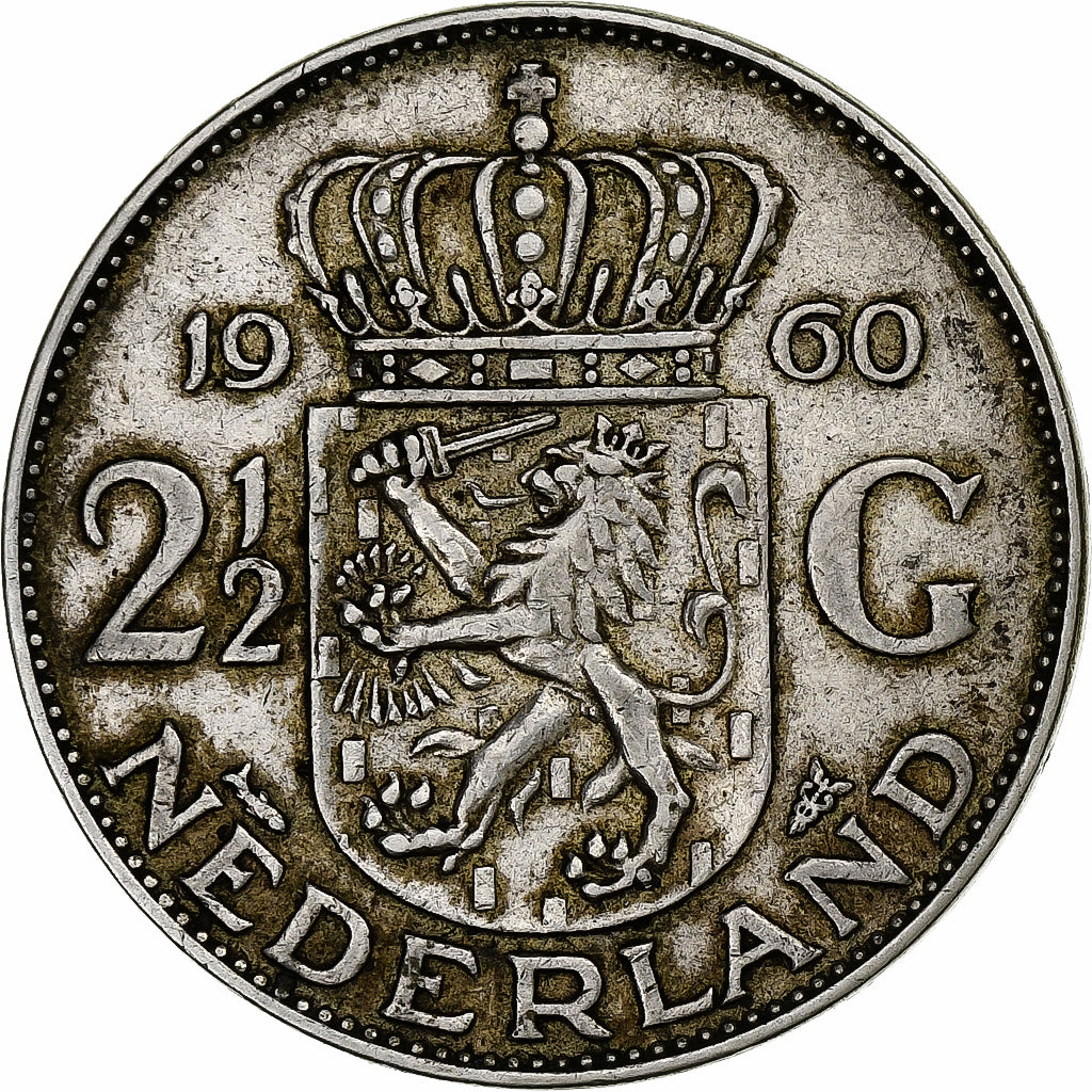 Países Bajos, Juliana, 2-1/2 Gulden, 1960, Plata, MBC, KM:185
