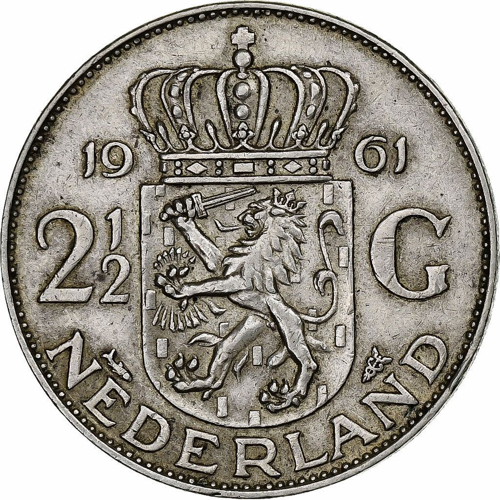 Moneda, Países Bajos, Juliana, 2-1/2 Gulden, 1961, MBC, Plata, KM:185
