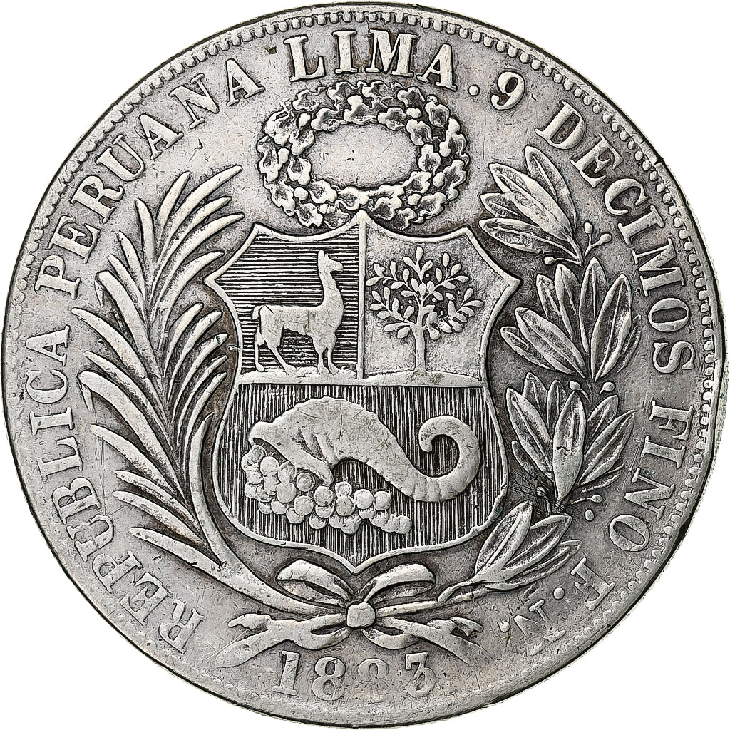 Perú, 1 Sol, 1883, Santiago, Plata, MBC