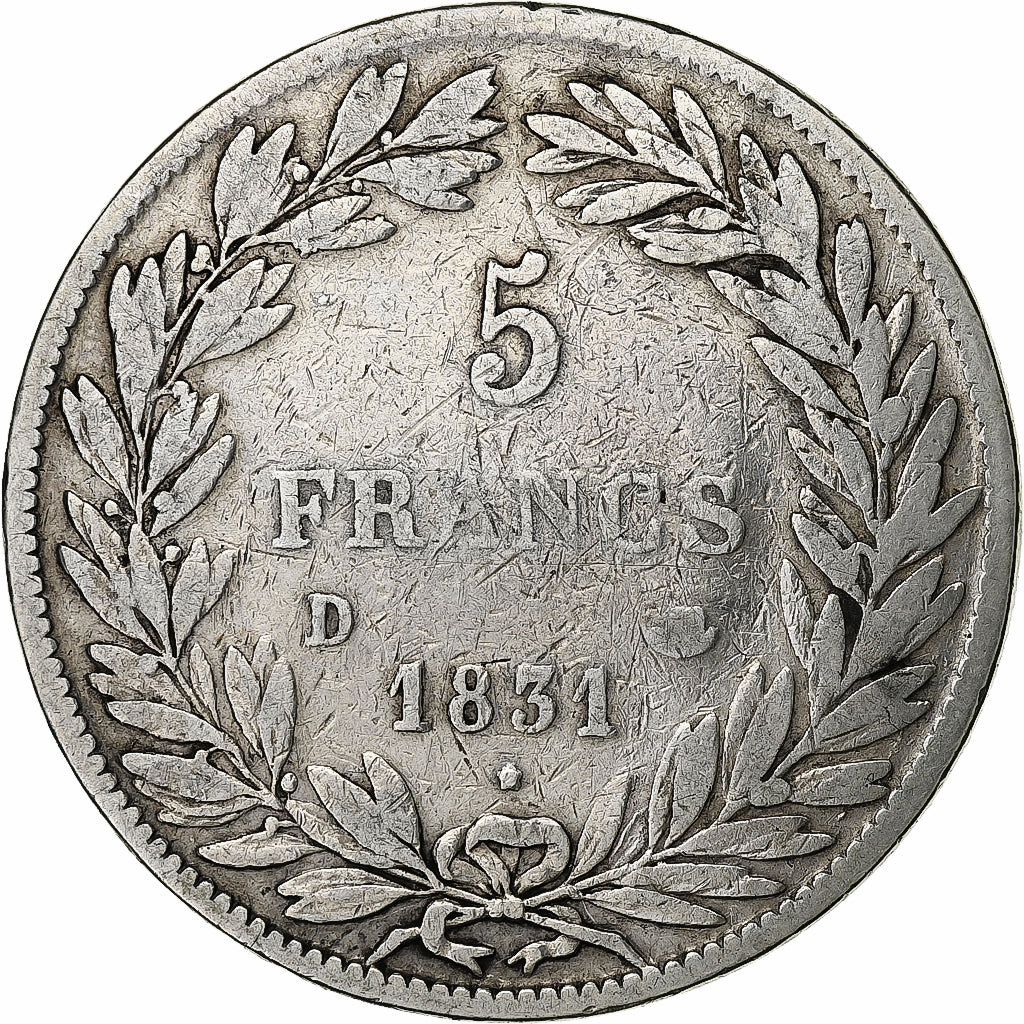Moneta, Francia, Louis-Philippe, 5 Francs, 1831, Lyon, MB+, Argento, KM:735.4