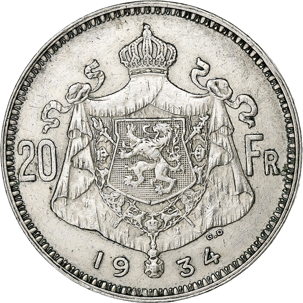 Coin, Belgium, Albert I, 20 Francs, 20 Frank, 1934, EF(40-45), Silver, KM:103.1