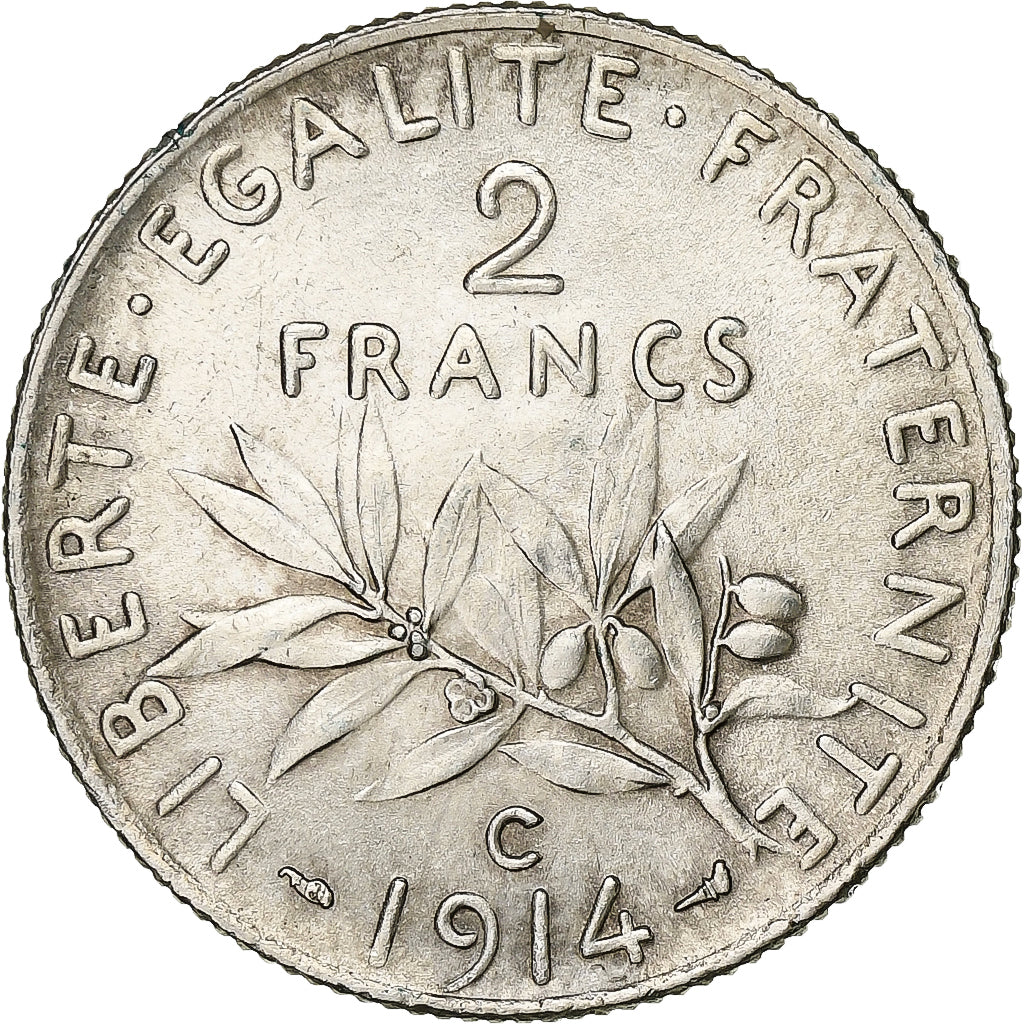 France, Semeuse, 2 Francs, 1914, Castelsarrasin, AU(55-58), Silver, KM:845.2