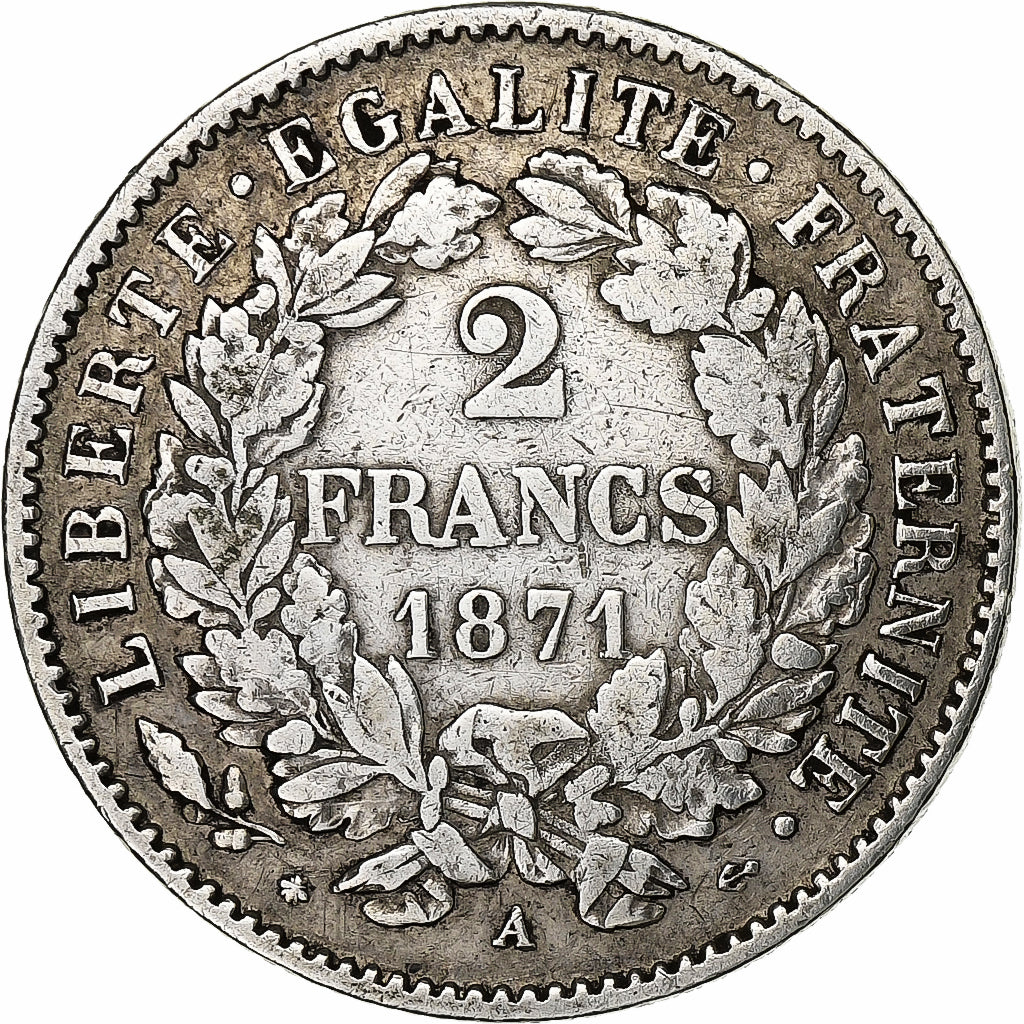 Frankrijk, 2 Francs, Cérès, 1871, Paris, Zilver, FR+, Gadoury:529, KM:816.2