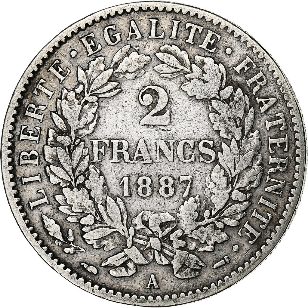 Moneta, Francia, Cérès, 2 Francs, 1887, Paris, MB+, Argento, KM:817.1