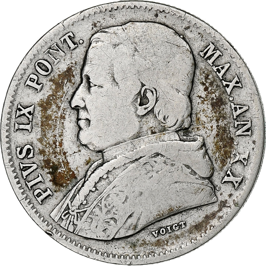 Moneta, STATI ITALIANI, PAPAL STATES, Pius IX, 20 Baiocchi, 1865, Roma, MB+