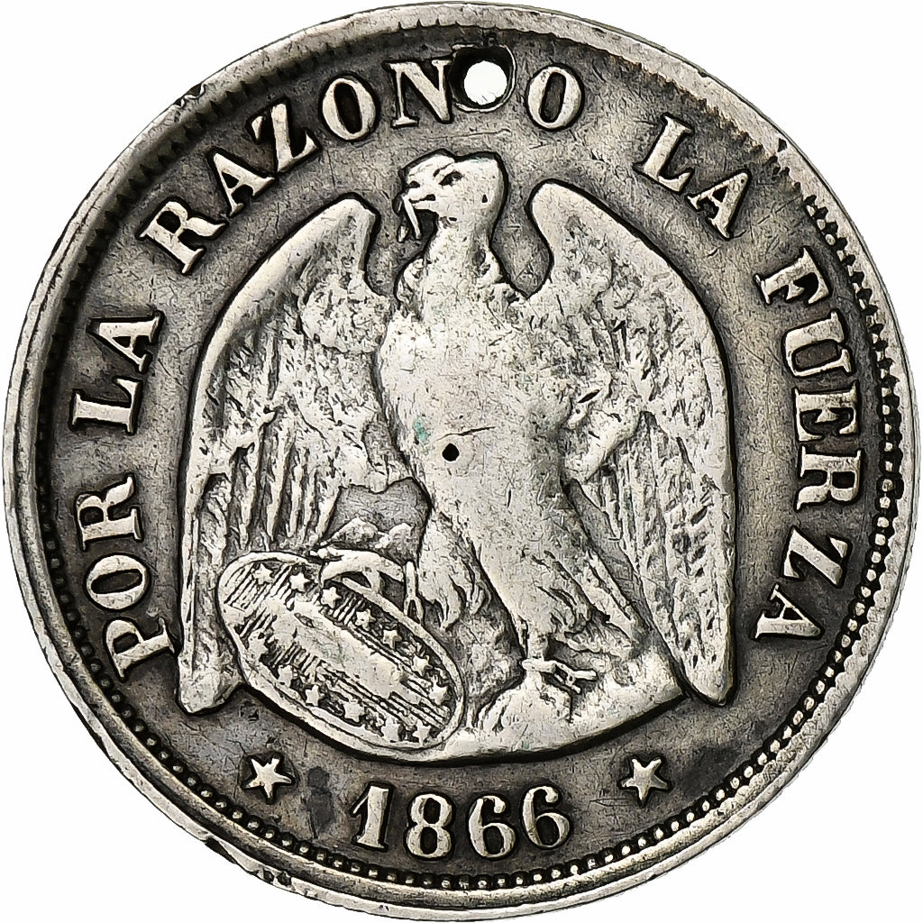 Coin, Chile, 20 Centavos, 1866, Santiago, VF(30-35), Silver, KM:135