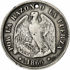Coin, Chile, 20 Centavos, 1866, Santiago, VF(30-35), Silver, KM:135