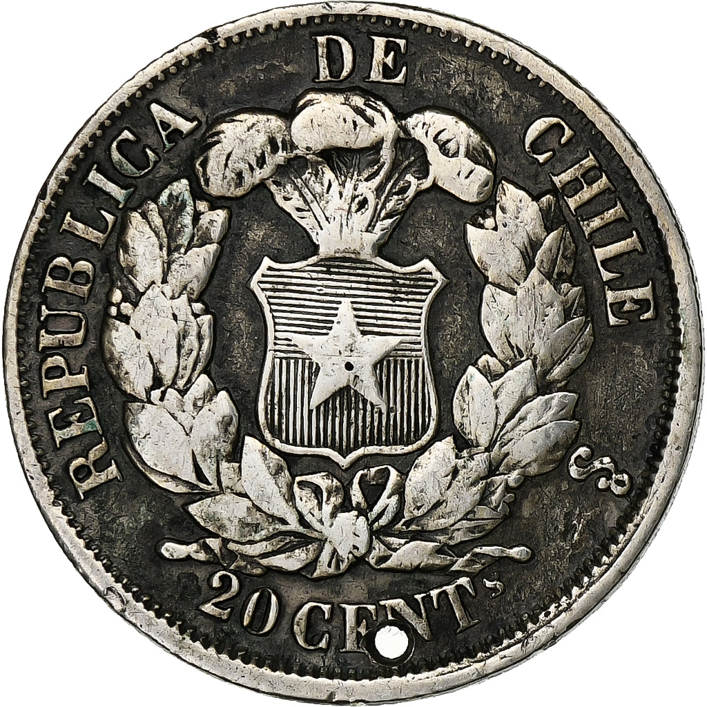 Coin, Chile, 20 Centavos, 1866, Santiago, VF(30-35), Silver, KM:135