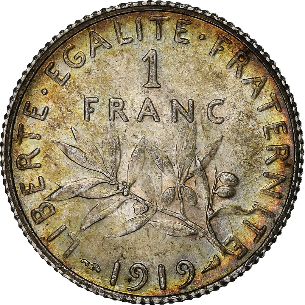 FRANCE, Semeuse, Franc, 1919, Paris, KM #844.1, MS(60-62), Silver, 23, Gadoury..