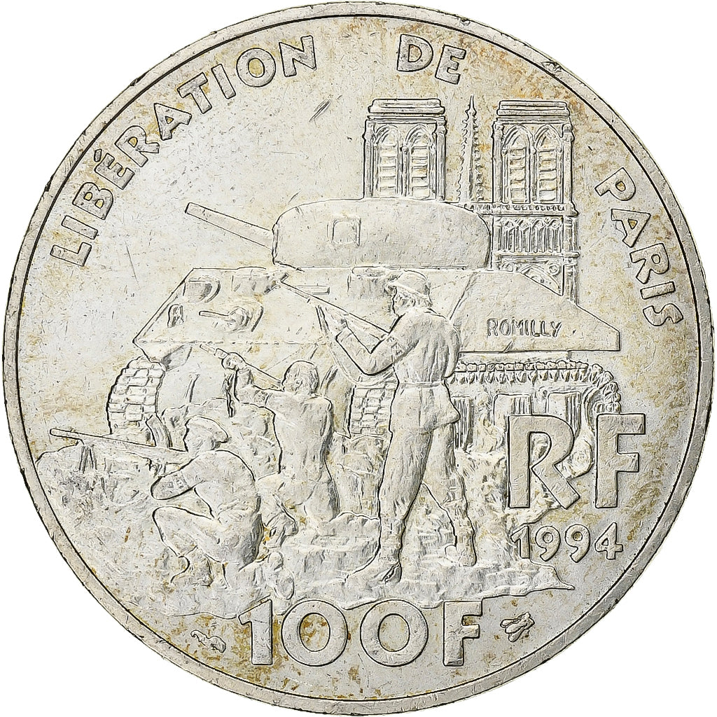 France, 100 Francs, Libération de Paris, 1994, Silver, AU(50-53), Gadoury:924