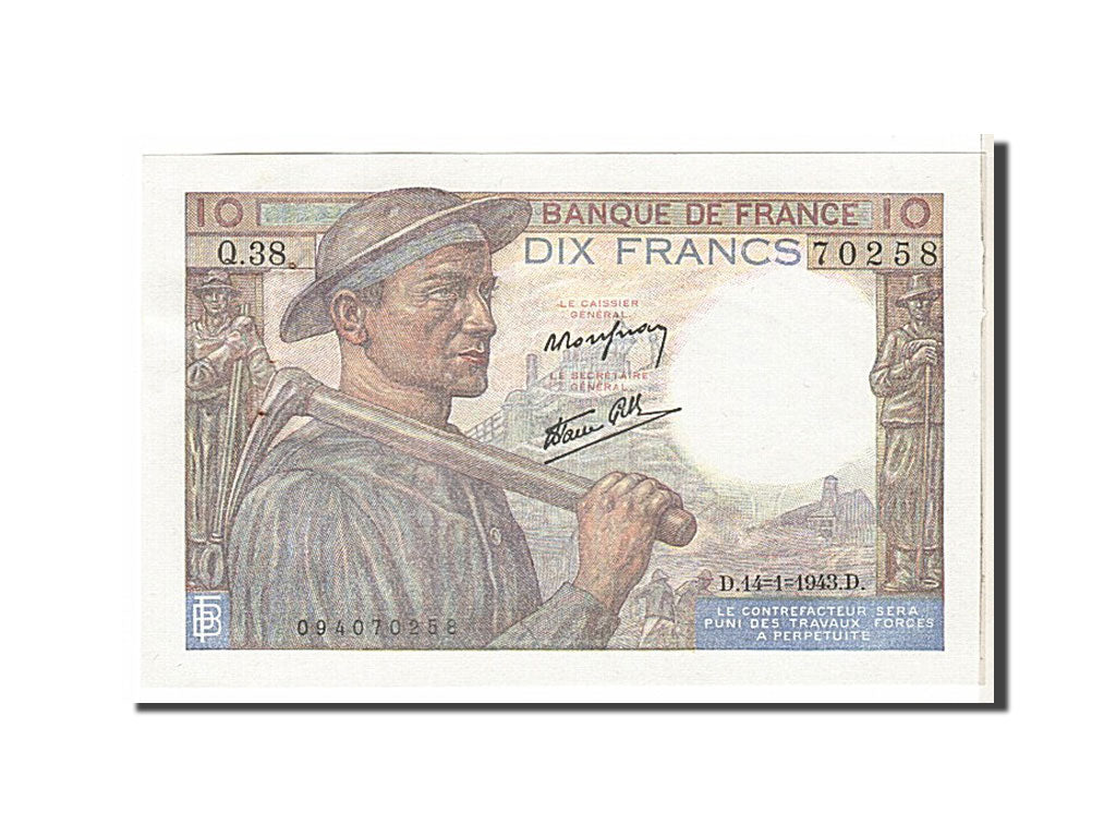 Geldschein, Frankreich, 10 Francs, 10 F 1941-1949 ''Mineur'', 1943, UNZ-