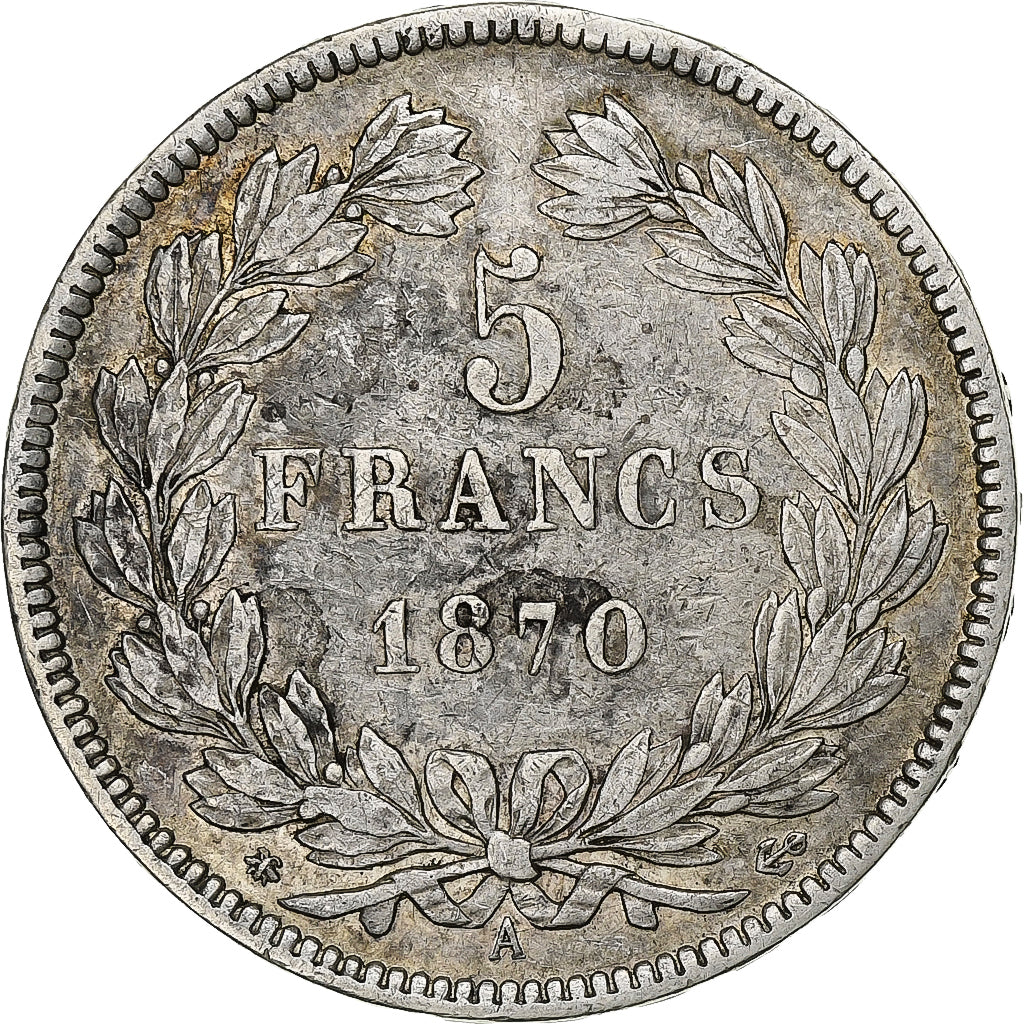 Francia, 5 Francs, Cérès, 1870, Paris, Plata, BC+, Gadoury:742, KM:818.1