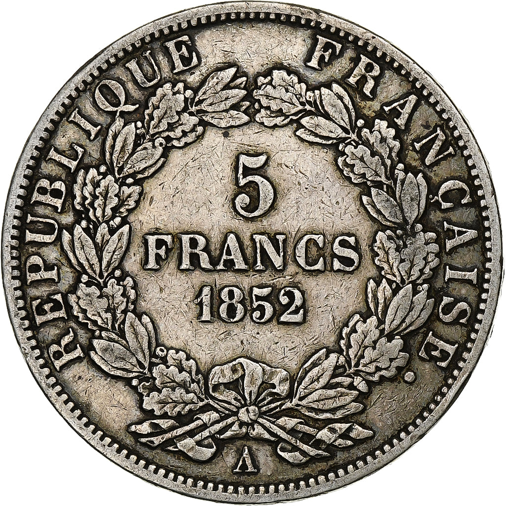 Francia, 5 Francs, Louis Napoléon Bonaparte, 1852, Paris, Plata, BC+