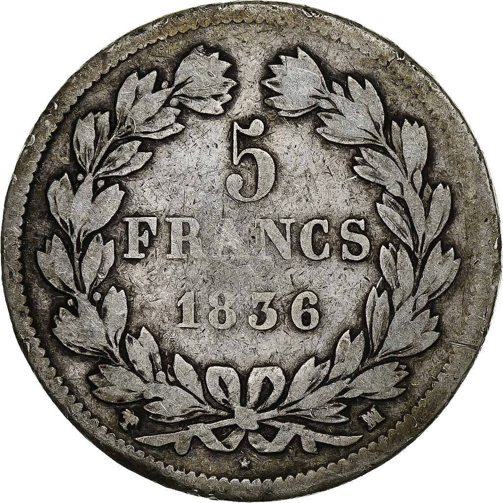 Moneta, Francia, Louis-Philippe, 5 Francs, 1836, Marseille, MB+, Argento