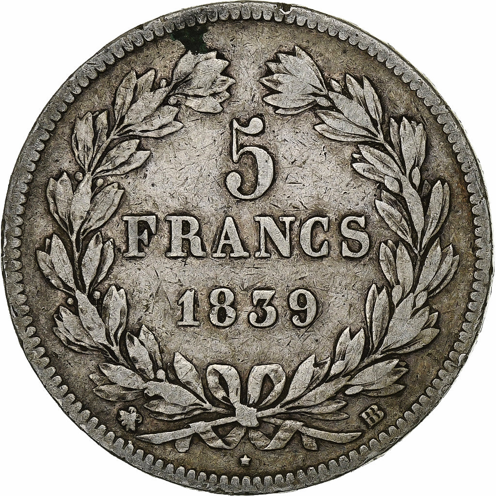 France, 5 Francs, Louis-Philippe, 1839, Strasbourg, Silver, VF(30-35)