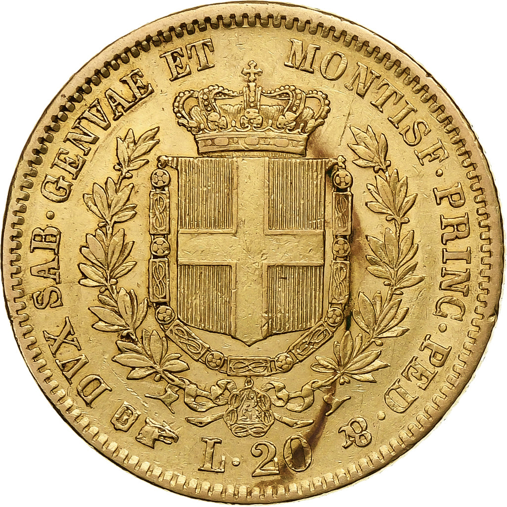 ESTADOS ITALIANOS, SARDINIA, Vittorio Emanuele II, 20 Lire, 1855, Torino, Rara