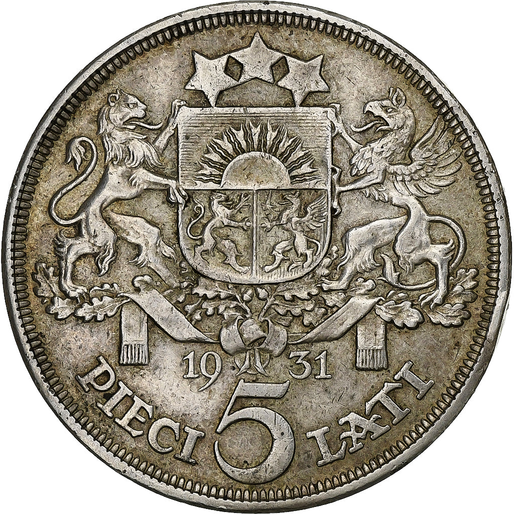 Coin, Latvia, 5 Lati, 1931, EF(40-45), Silver, KM:9