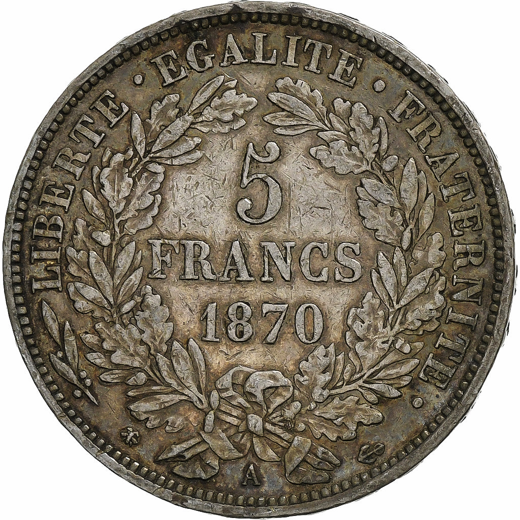 Moneta, Francia, Cérès, 5 Francs, 1870, Paris, BB, Argento, KM:819