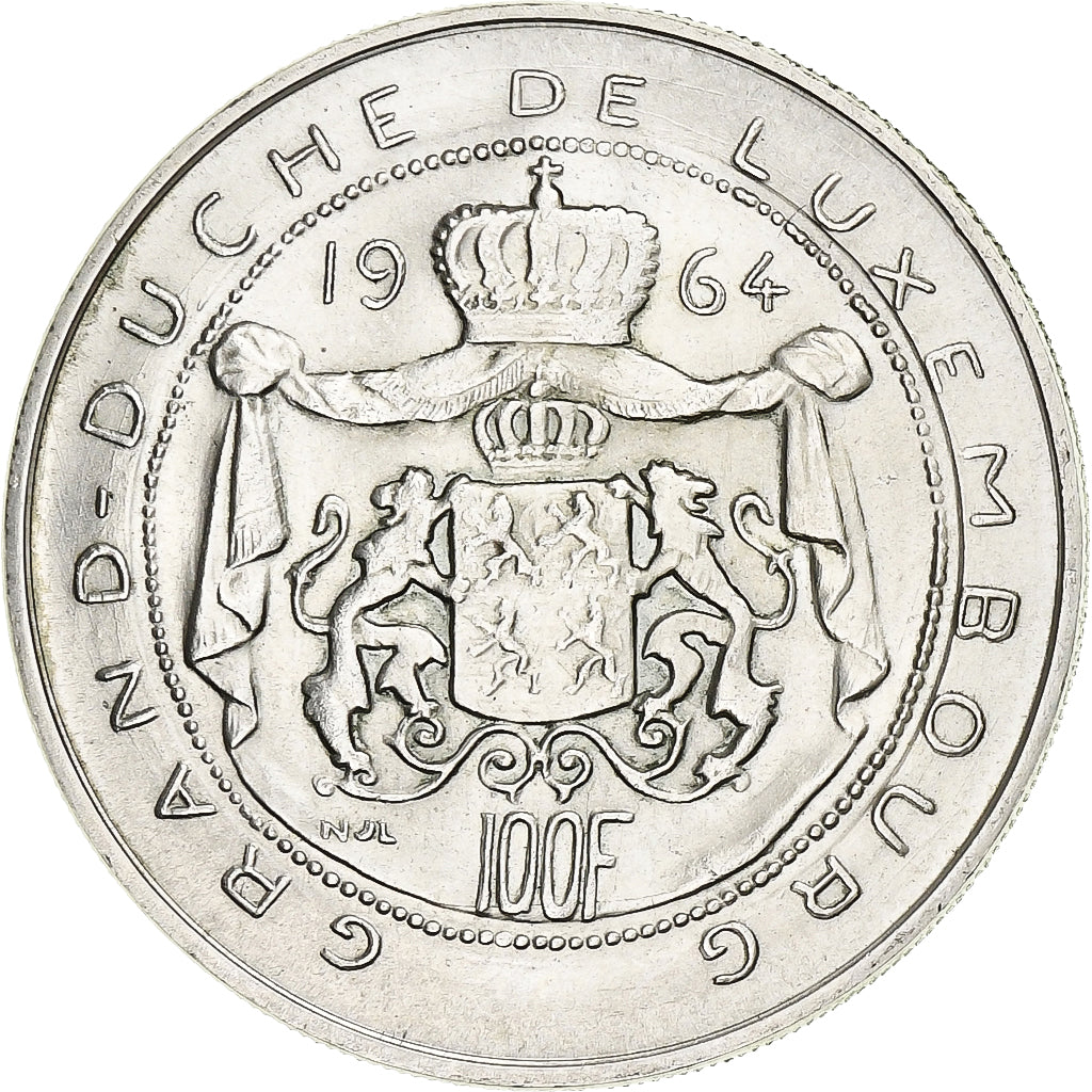 LUXEMBOURG, 100 Francs, 1964, KM #54, AU(55-58), Silver, 33.1, 17.91