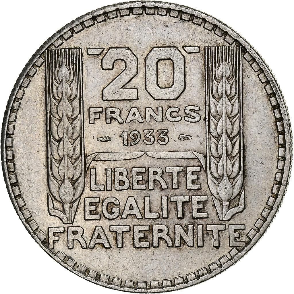 France, 20 Francs, Turin, 1933, Paris, Rameaux courts, Silver, EF(40-45)