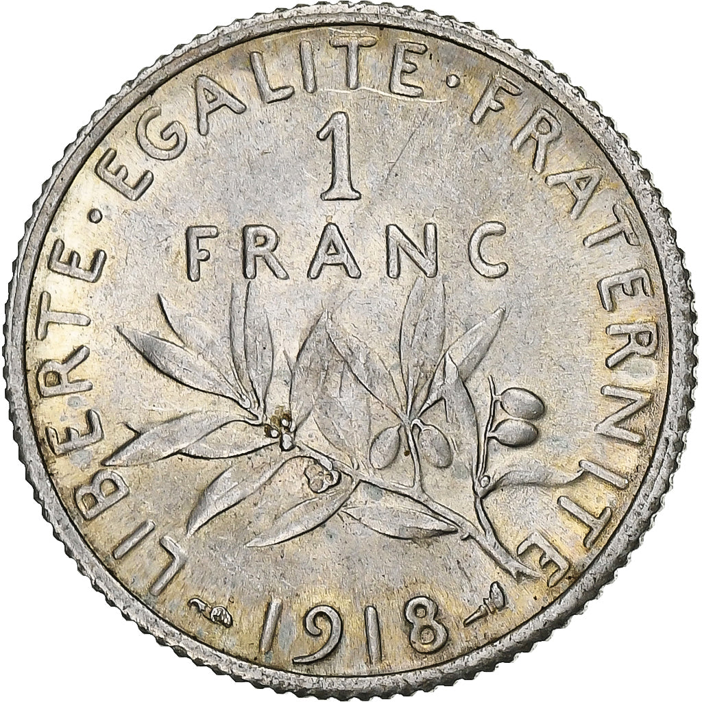 FRANCE, Semeuse, Franc, 1918, Paris, KM #844.1, MS(60-62), Silver, 23, Gadoury..