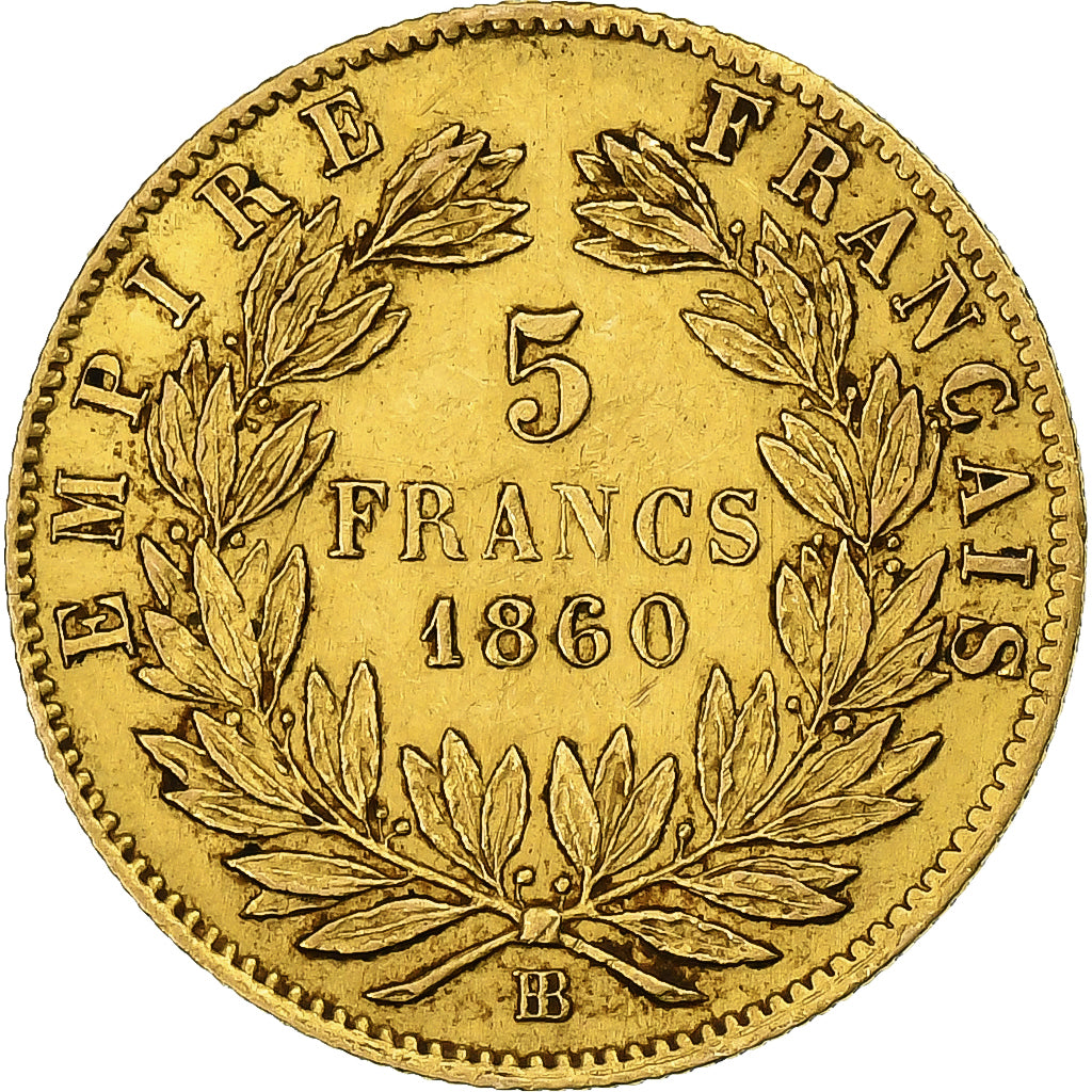 France, Napoleon III, 5 Francs, 1860, Strasbourg, EF(40-45), KM 787.2