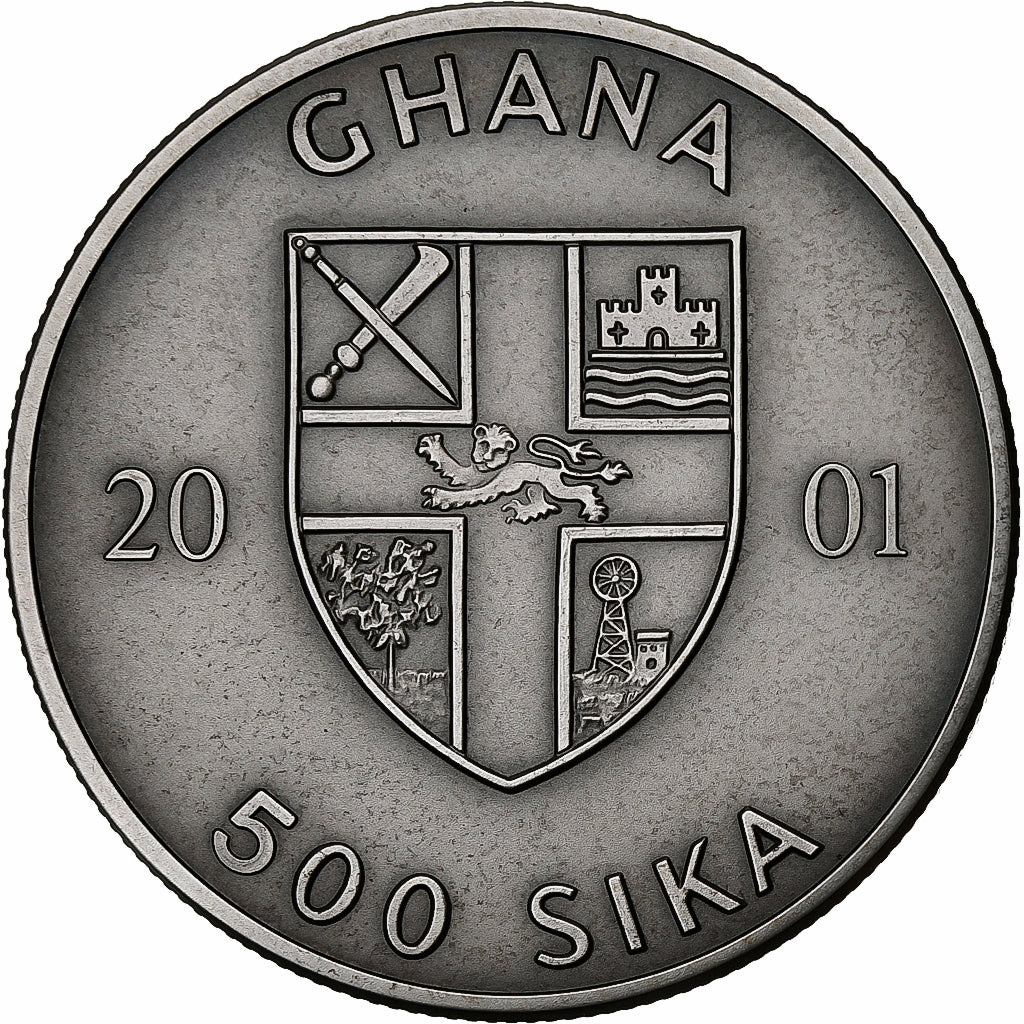 Ghana, 500 Sika, 2001, Quadriga, Argento, FDC, KM:84.2