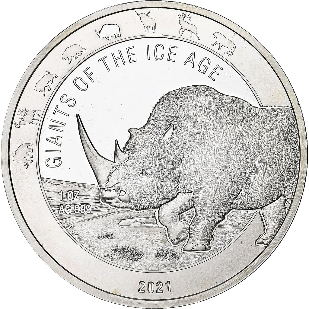 Ghana, 5 cedis Oz Aregnt, Woolly Rhinoceros, 2021, Leipziger Edelmetall
