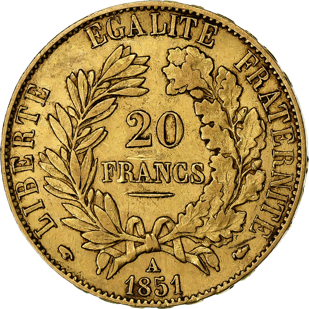 FRANCE, Cérès, 20 Francs, 1851, Paris, KM #762, AU(50-53), Gold, Gadoury #1059,