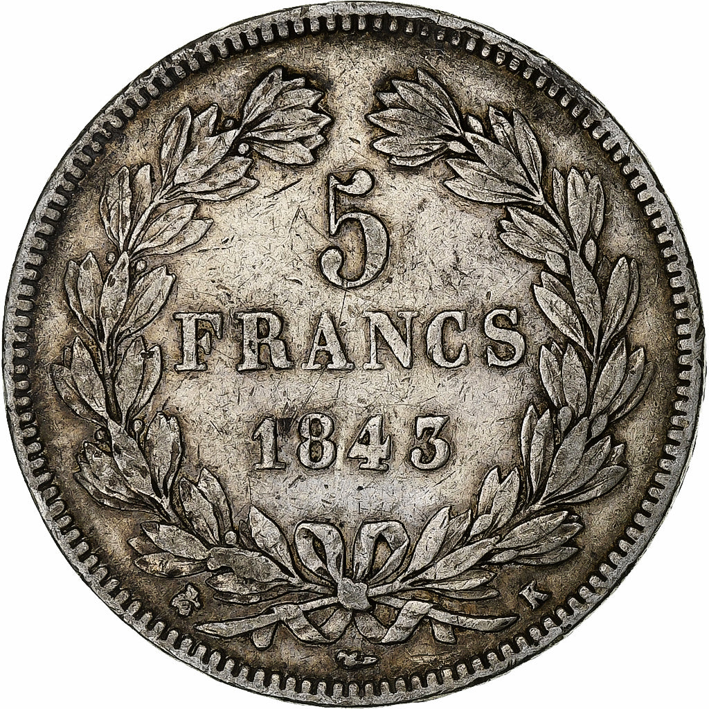Munten, Frankrijk, Louis-Philippe, 5 Francs, 1843, Bordeaux, FR+, Zilver