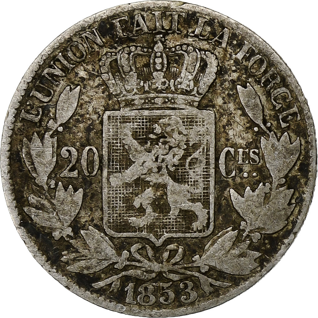 Moneta, Belgia, Leopold I, 20 Centimes, 1853, VF(30-35), Srebro, KM:19