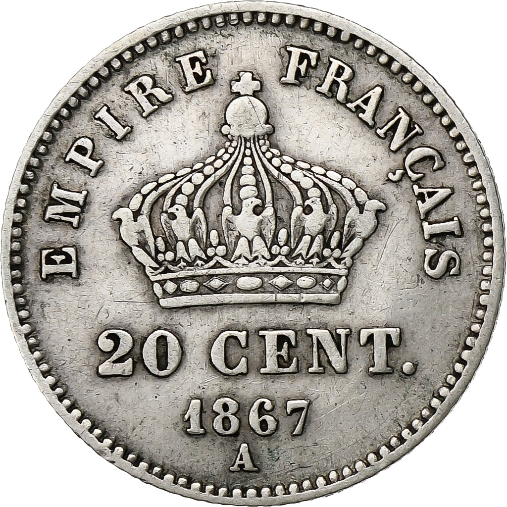France,Napoleon III,20 Centimes,1867,Paris,VF(30-35),Silver,KM 808.1,Gadoury 309