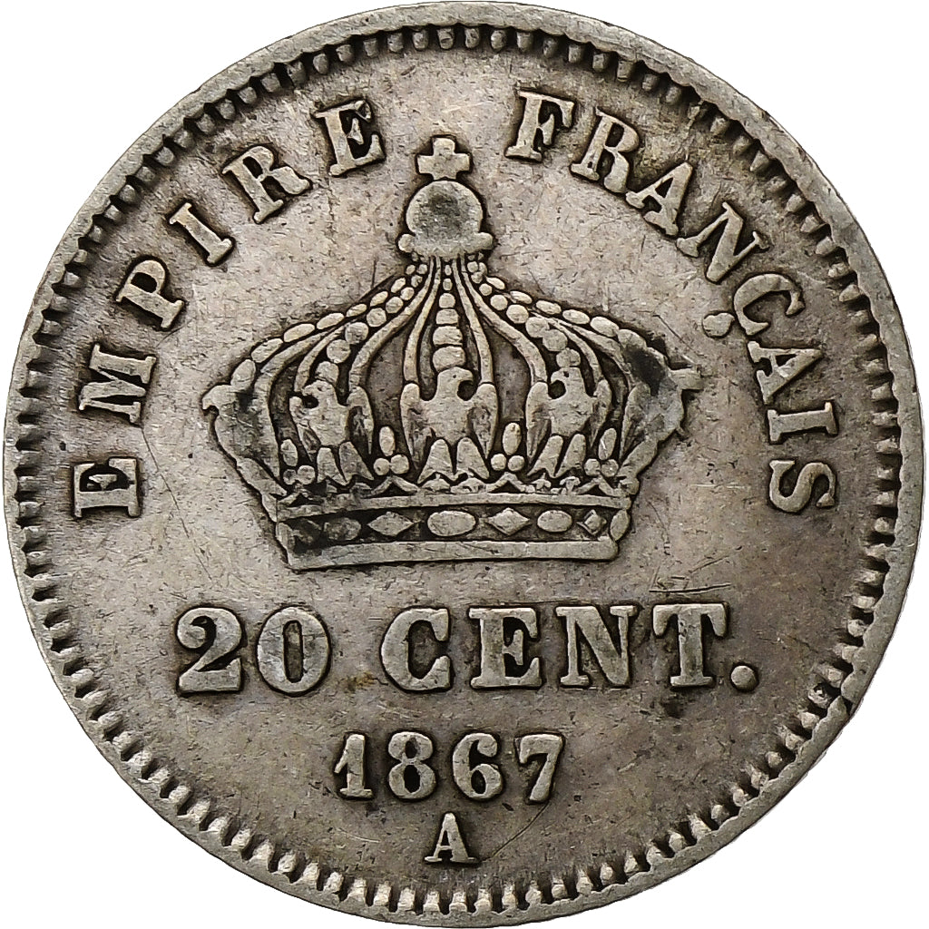 France,Napoleon III,20 Centimes,1867,Paris,VF(30-35),Silver,KM 808.1,Gadoury 309