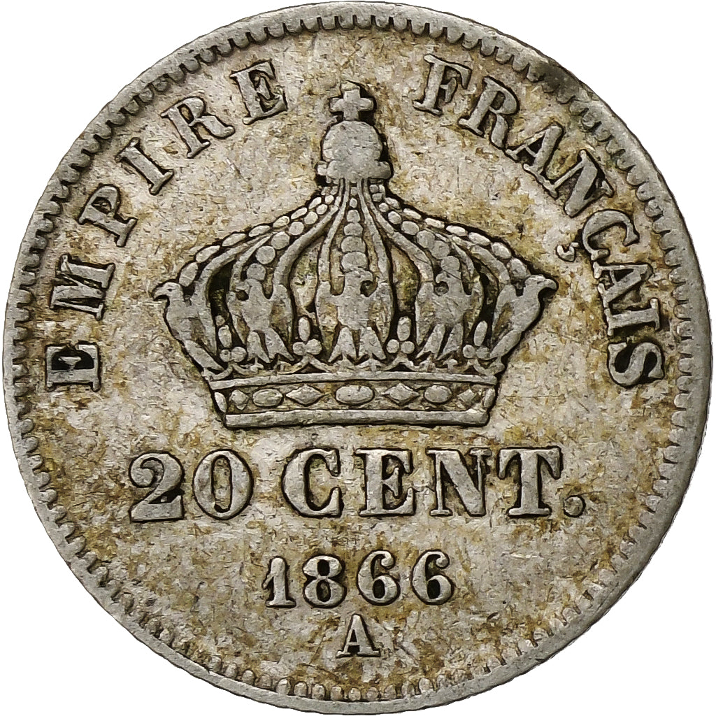 Francja, Napoleon III, 20 Centimes, 1866, Paris, Srebro, VF(30-35), Gadoury:308