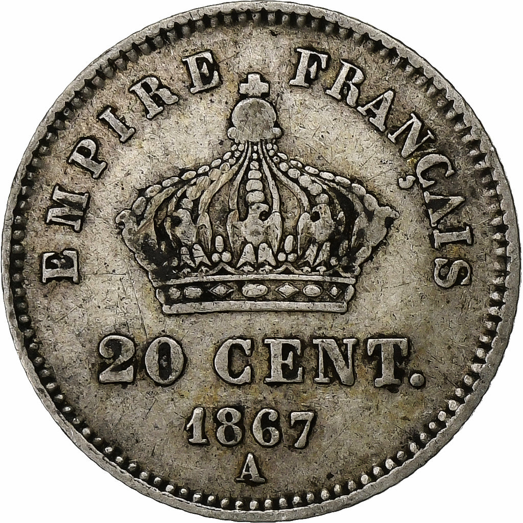 France,Napoleon III,20 Centimes,1867,Paris,VF(30-35),Silver,KM 808.1,Gadoury 309