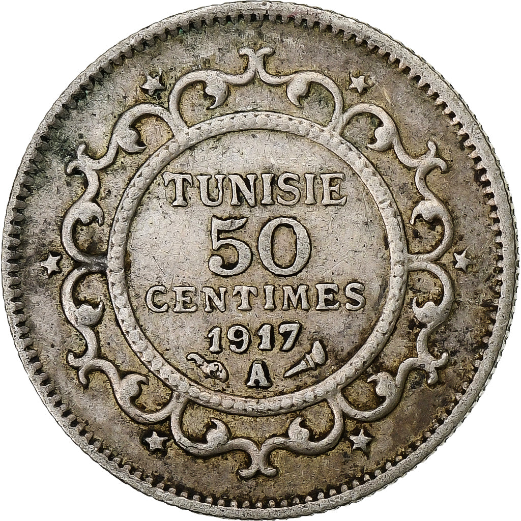 Moneda, Túnez, Muhammad al-Nasir Bey, 50 Centimes, 1917, Paris, MBC+, Plata