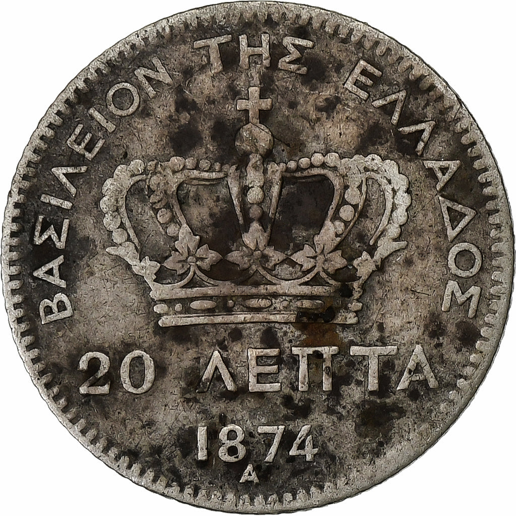 Coin, Greece, George I, 20 Lepta, 1874, Paris, VF(30-35), Silver, KM:44
